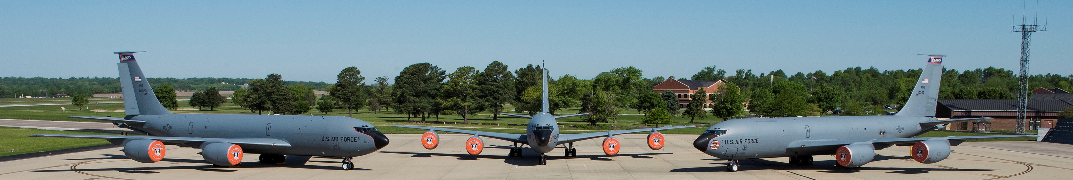 Three Illinois Air National Guard KC-135s sit on a parking ramp at Scott Air Force Base, Illinois.