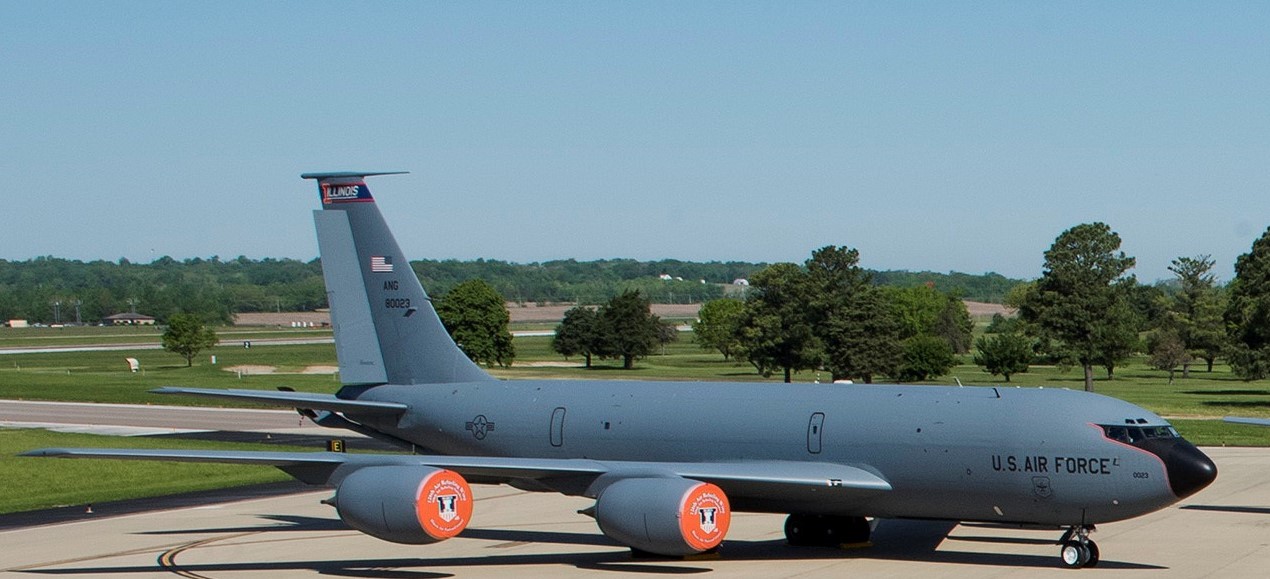 an Illinois Air National Guard KC-135 sits on the aircraft parking ramp at Scott Air Force Base, Illinois